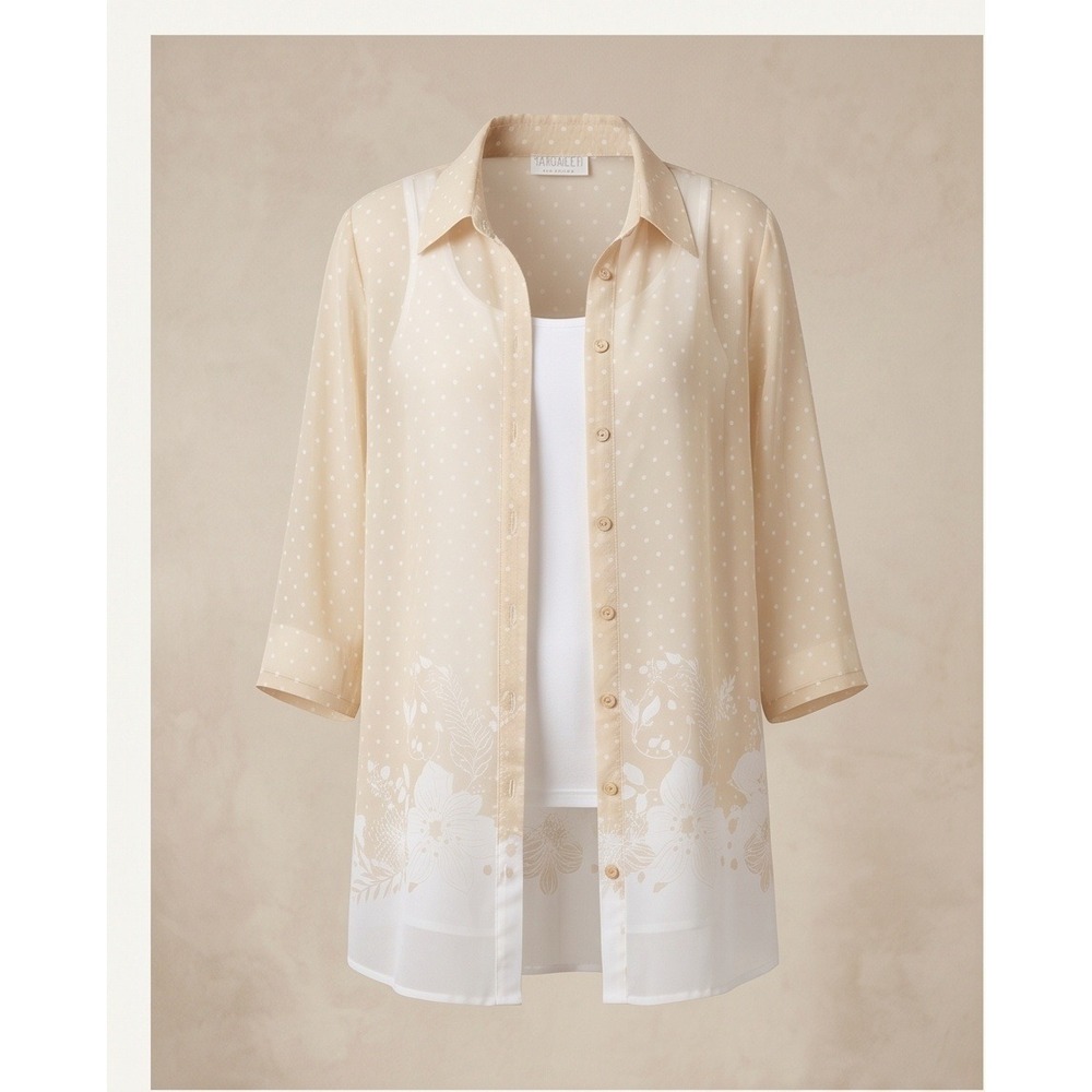 White Stag Woman 22/24W 2 Piece Set Tan Polka Dot Floral Sheer Shirt Tank 3X NWT